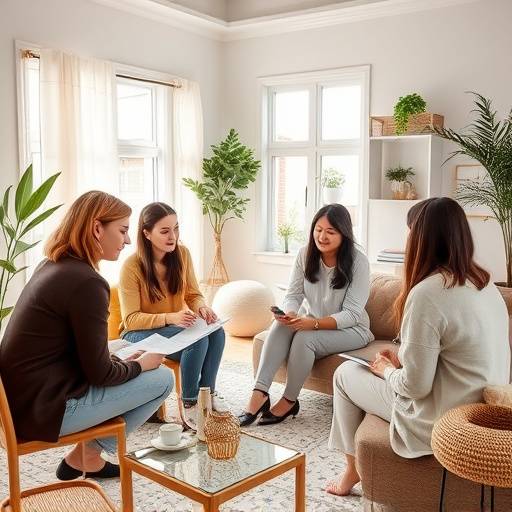 Photo de l'&radic;&copy;quipe de Home Comfort lors d'une r&radic;&copy;union de brainstorming joyeuse, discutant de plans et de tissus dans un bureau lumineux.