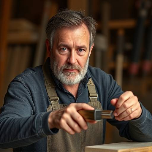 Portrait concentr&radic;&copy; de Marc Lefevre, artisan expert en menuiserie et finitions chez Home Comfort, tenant un outil de travail.