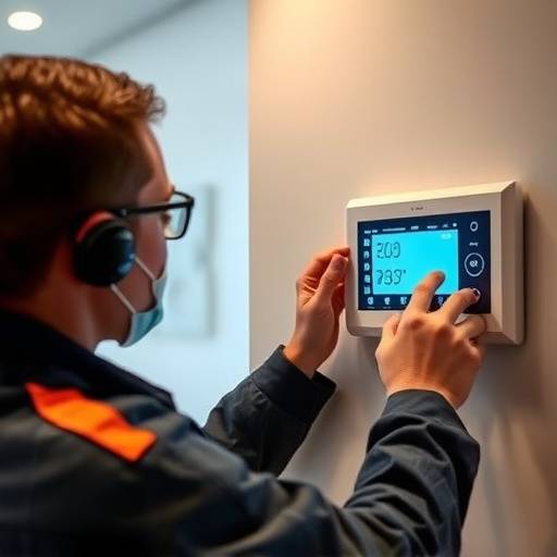 Technicien ajustant un thermostat mural avec un &radic;&copy;cran digital clair