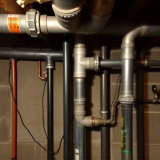 Tuyauterie visible dans un sous-sol avec des raccords m&radic;&copy;talliques