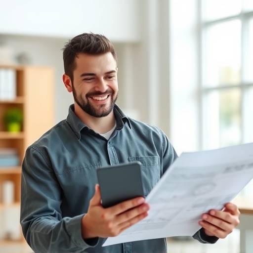 Un technicien souriant examinant un sch&radic;&copy;ma technique sur une tablette