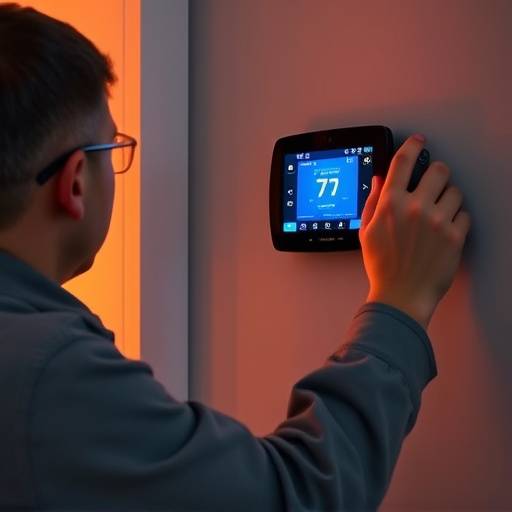 Un technicien v&radic;&copy;rifiant un thermostat intelligent