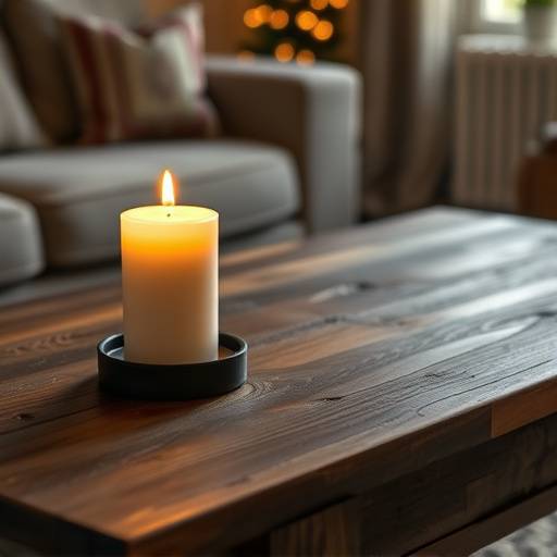Une bougie allum&radic;&copy;e sur une table basse en bois