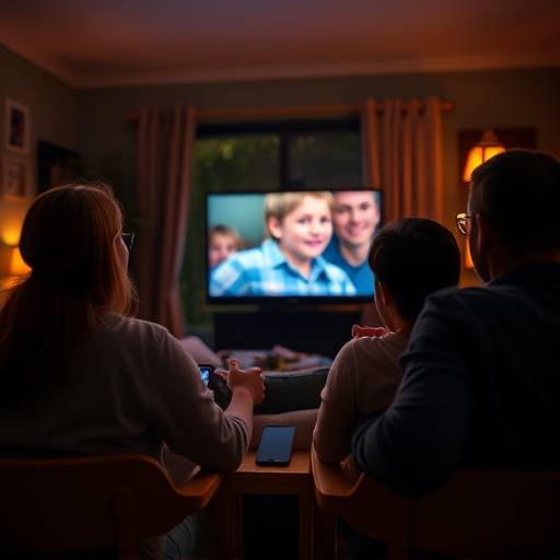 Une famille regardant un film ensemble dans un salon confortable